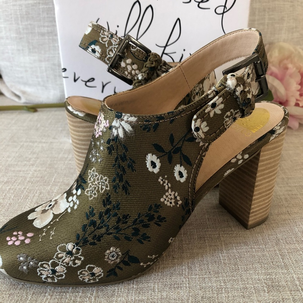 Anthropologie Capsule Collective Olive Brocade Heels. Sz. 38